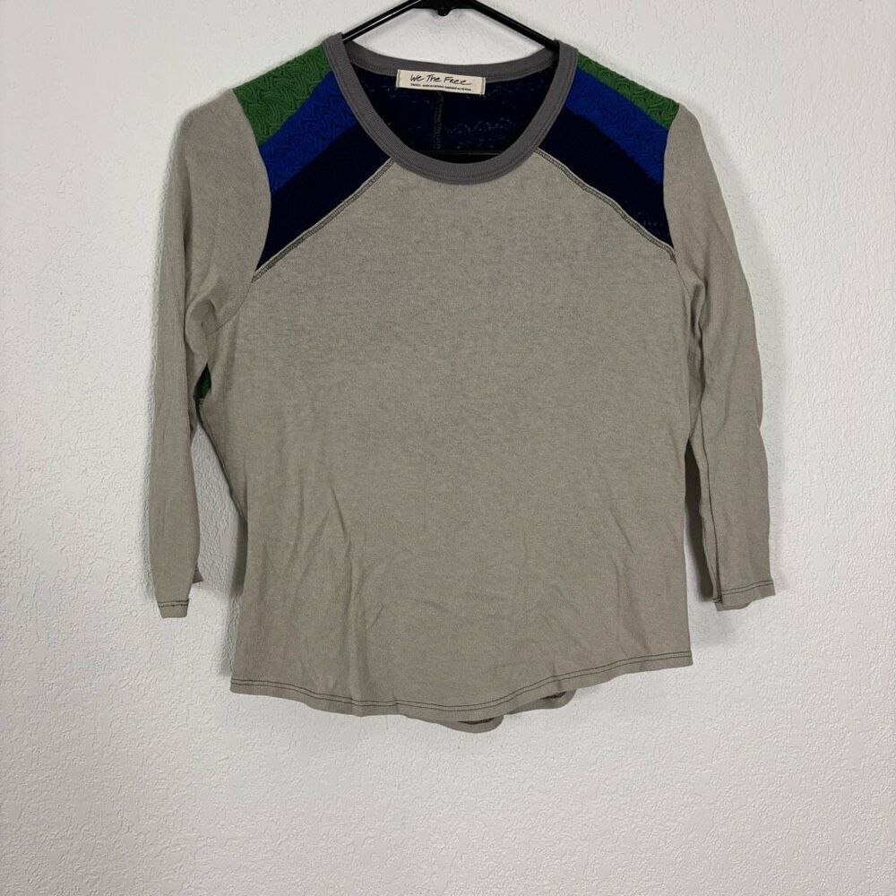 Free People We The Free Grey with Purple, Blue, & Green 3/4‎ Length Sleeve Top S